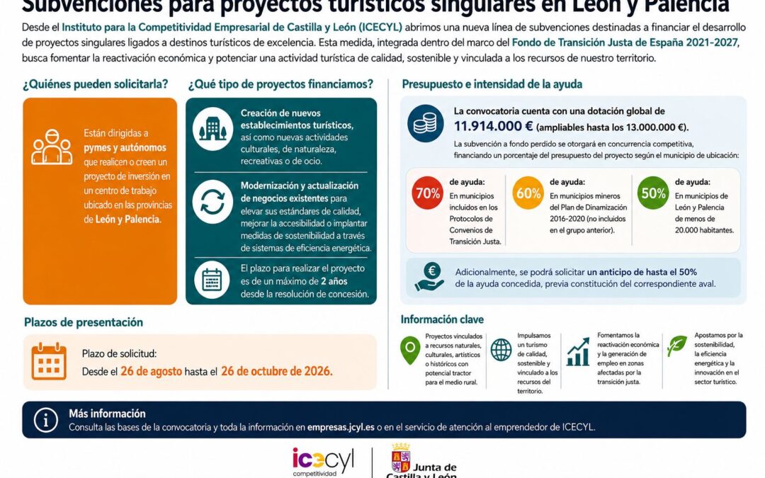 Subvenciones para el desarrollo de proyectos singulares ligados a destinos turísticos de excelencia en las provincias de León y Palencia. (2026)